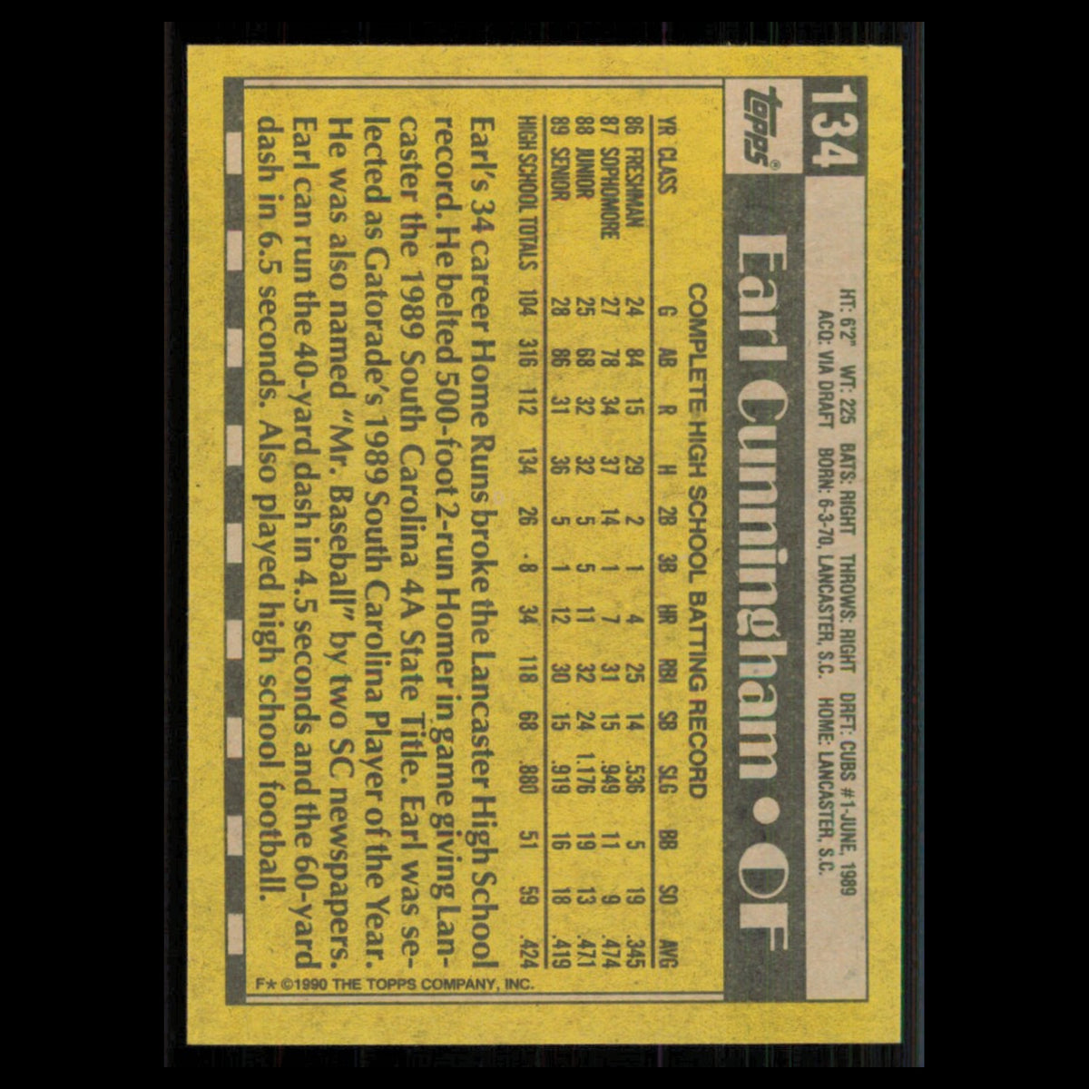 Earl Cunningham Rookie #134 1990 Topps Chicago Cubs Baseball Card MLB NM