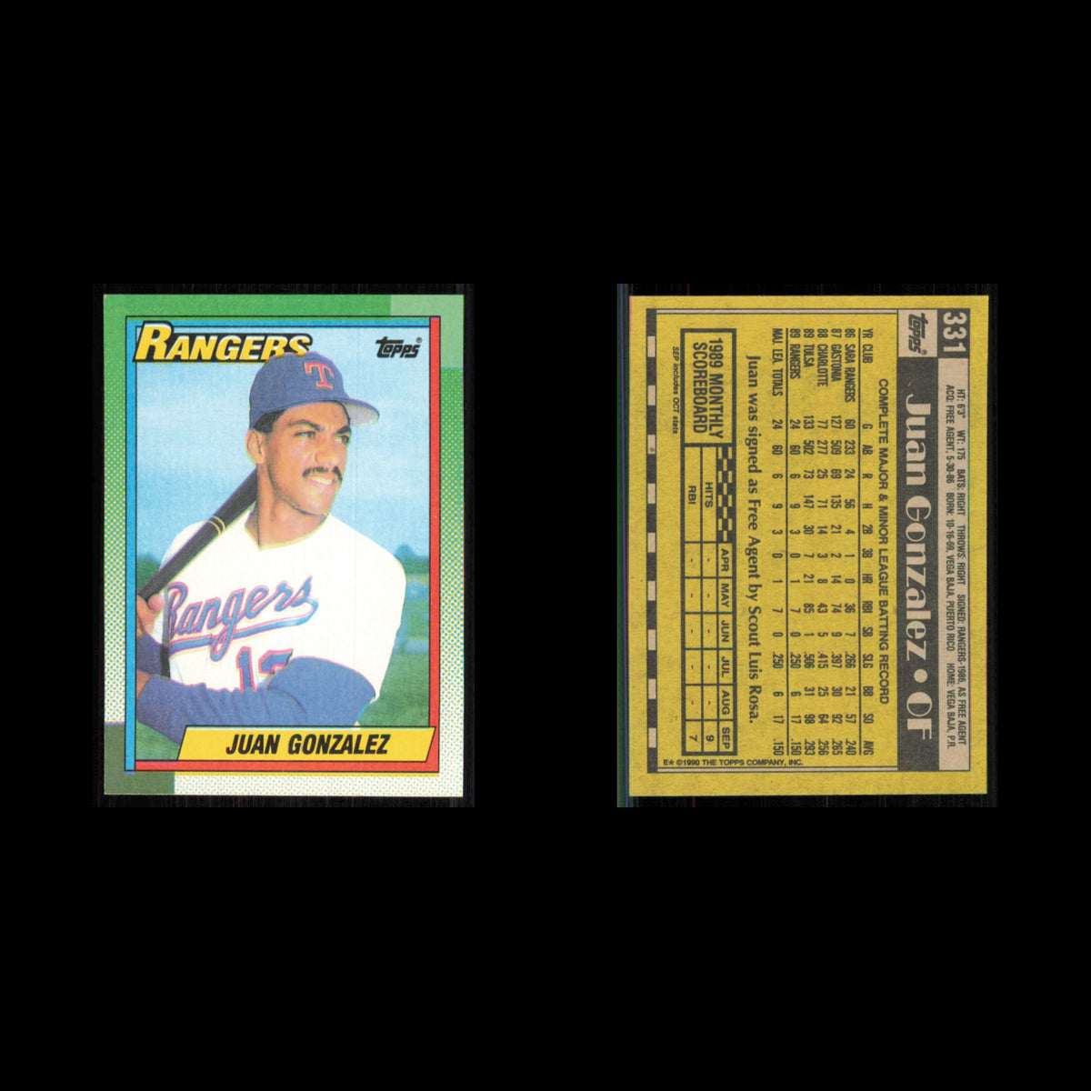 Juan Gonzalez Rookie #331 1990 Topps Texas Rangers Baseball Card MLB NM
