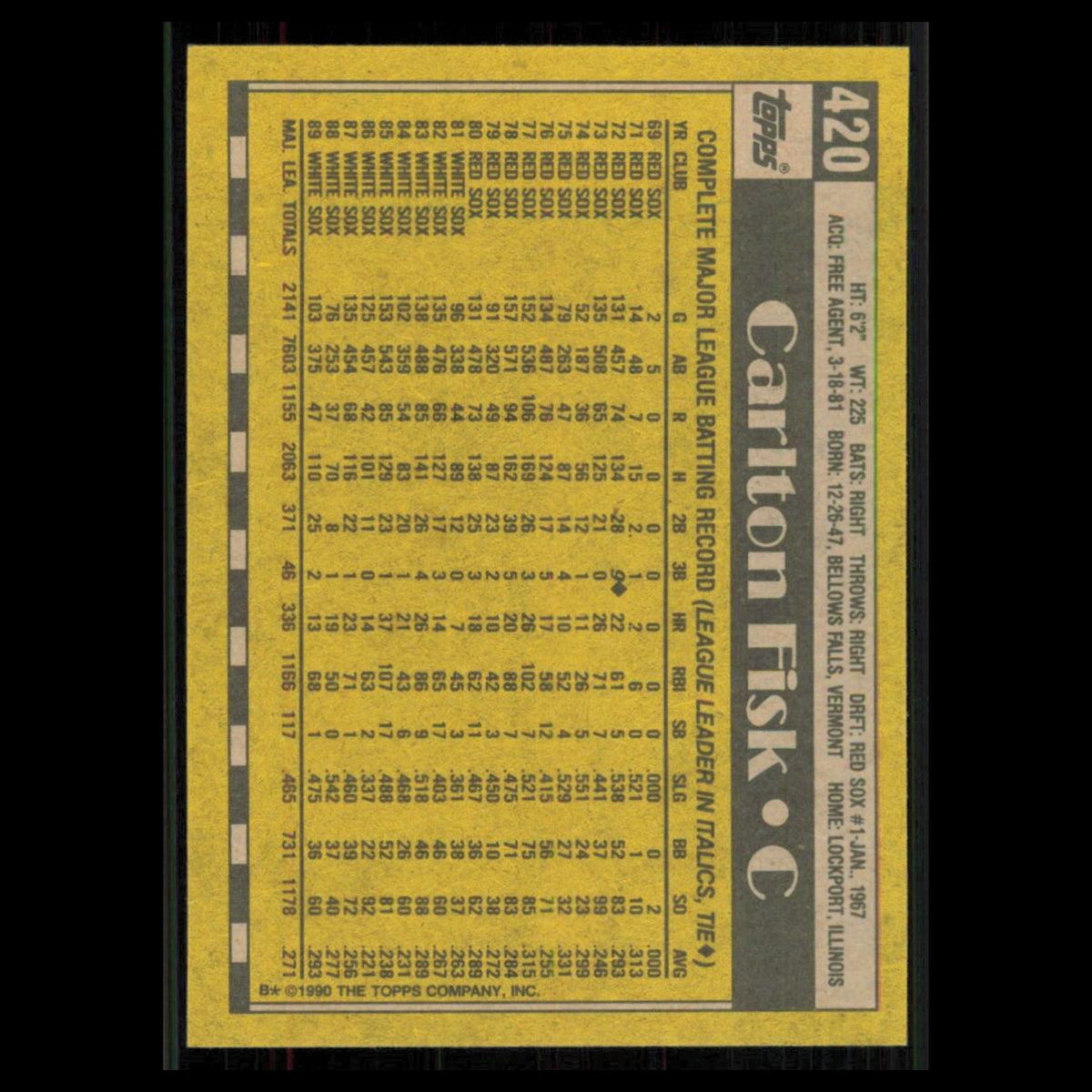 Carlton Fisk #420 1990 Topps Chicago White Sox Baseball Card MLB NM