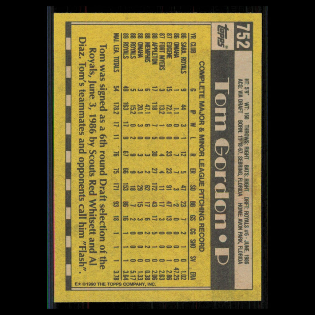 Tom Gordon #752 1990 Topps Kansas City Royals Baseball Card MLB NM