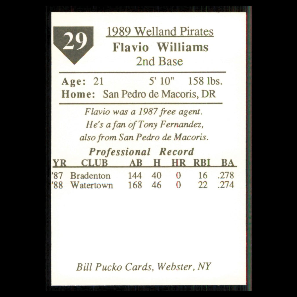 Flavio Williams #29 1989 Bill Pucko Welland Pirates Baseball Card MLB NM