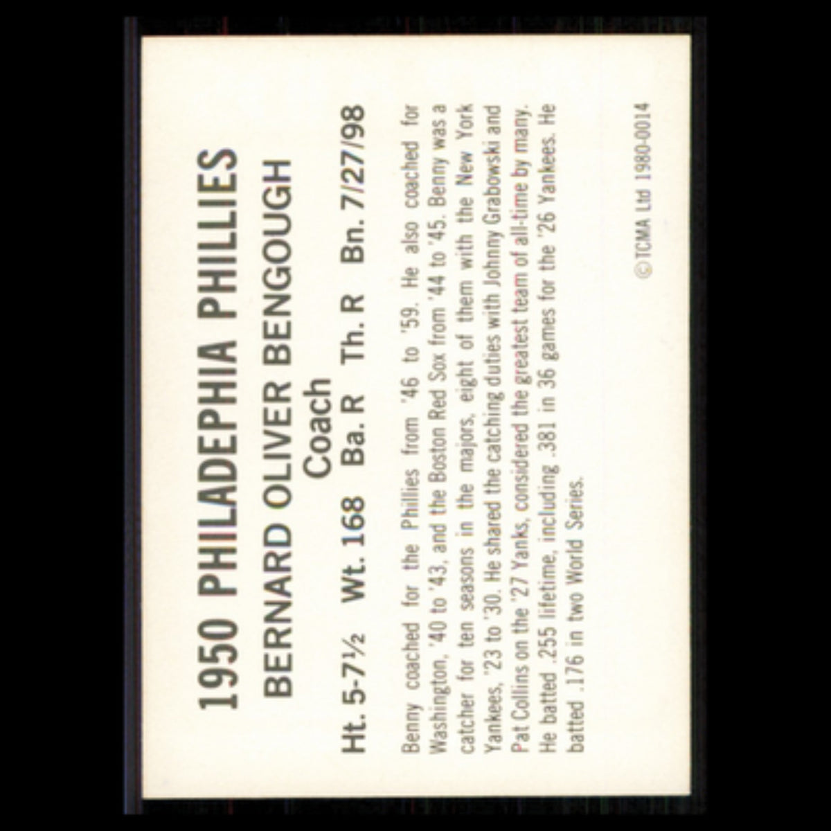 Benny Bengough #14 1980 TCMA 1950 Philadelphia Phillies Whiz Kids Baseball Card