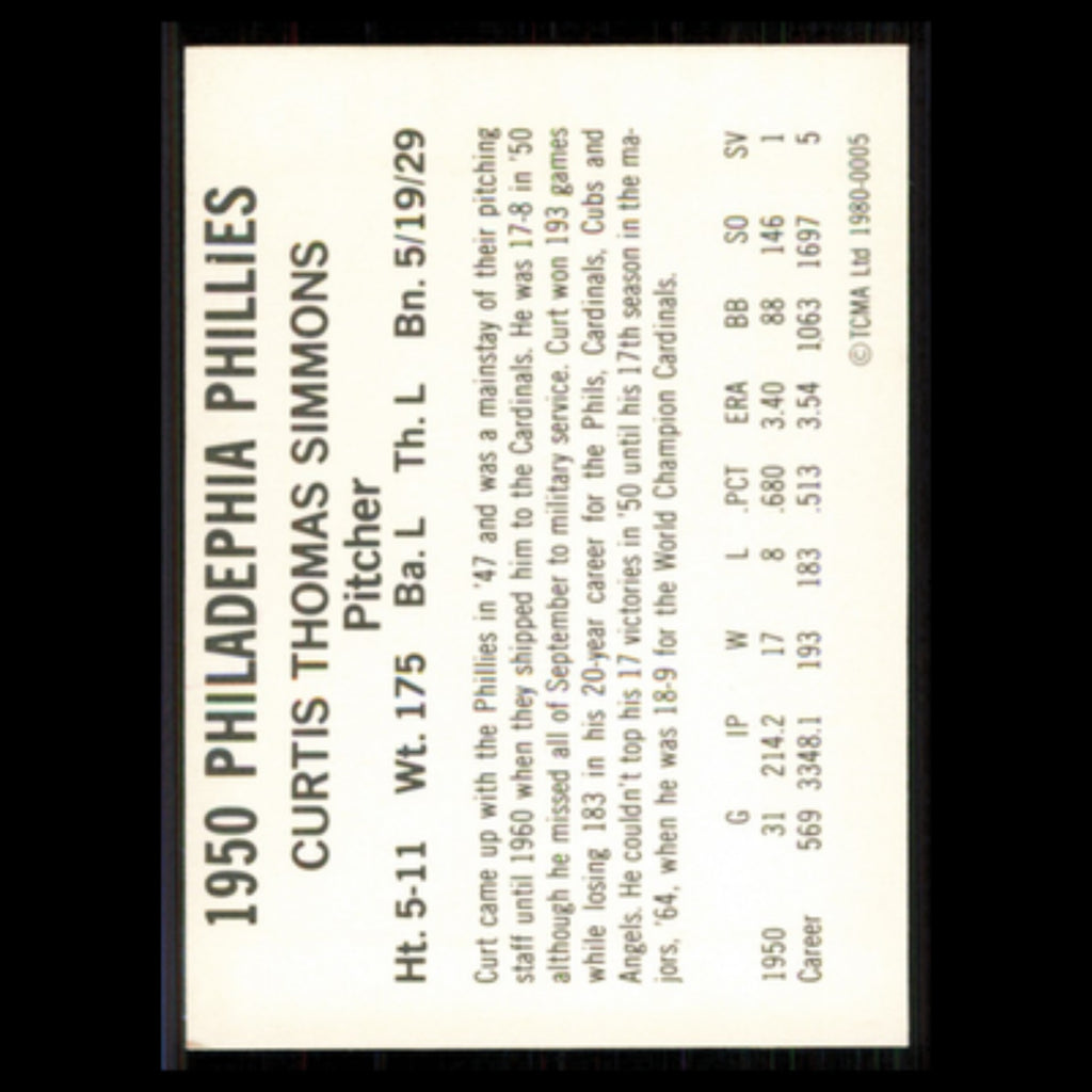 Curt Simmons #5 1980 TCMA 1950 Philadelphia Phillies Whiz Kids Baseball Card MLB