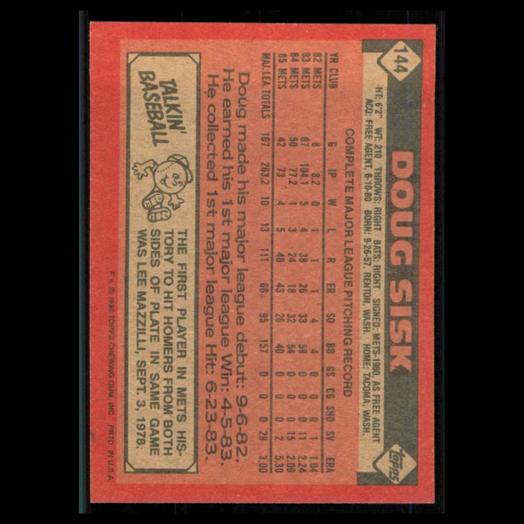 Doug Sisk #144 1986 Topps New York Mets Baseball Card MLB NM