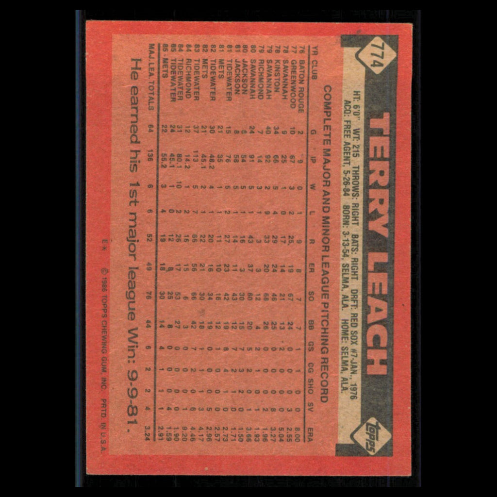 Terry Leach #774 1986 Topps New York Mets Baseball Card MLB NM