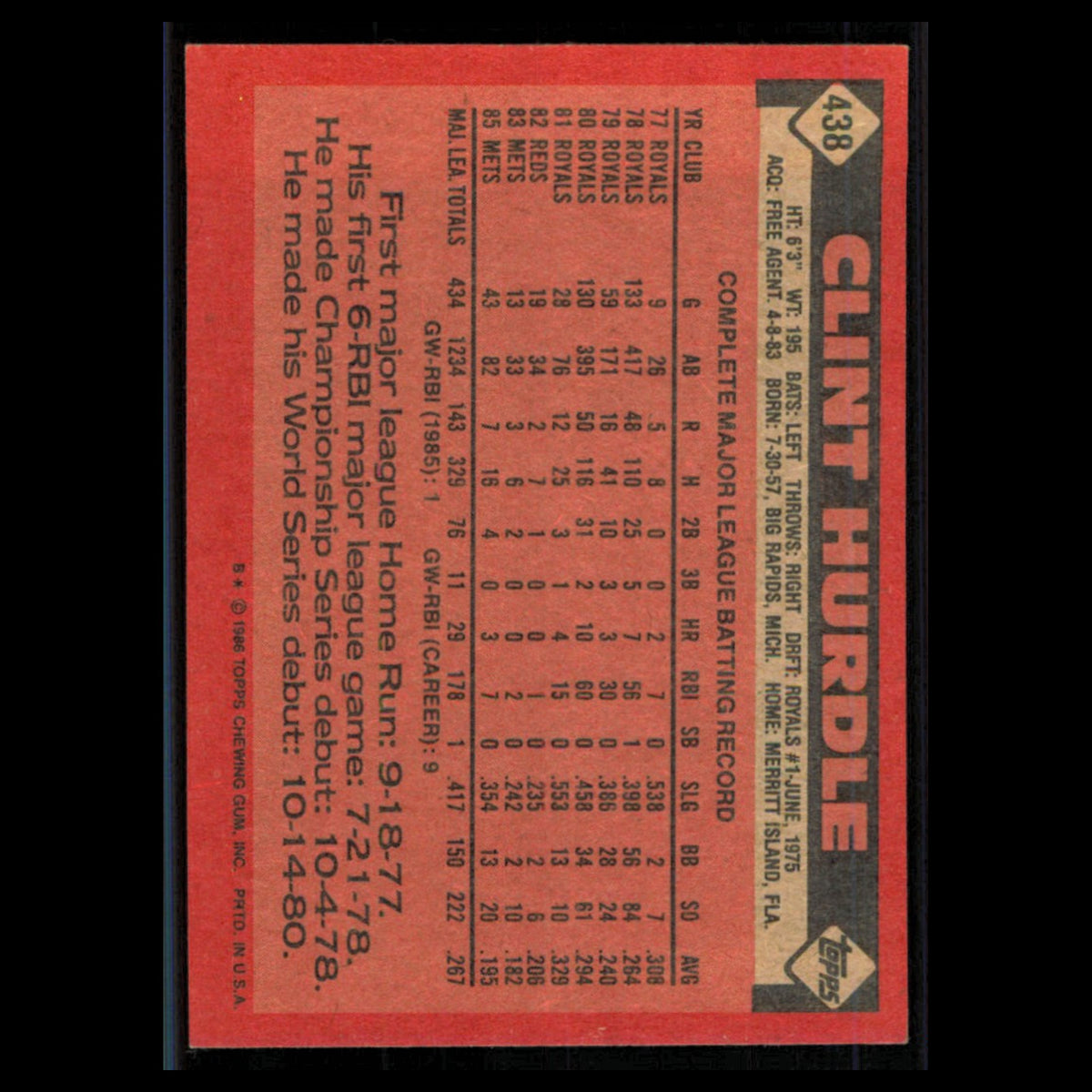 Clint Hurdle #438 1986 Topps New York Mets Baseball Card MLB NM