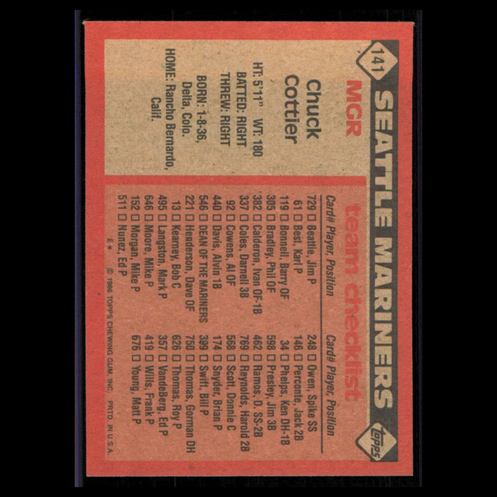 Chuck Cottier #141 1986 Topps Seattle Mariners Baseball Card MLB NM