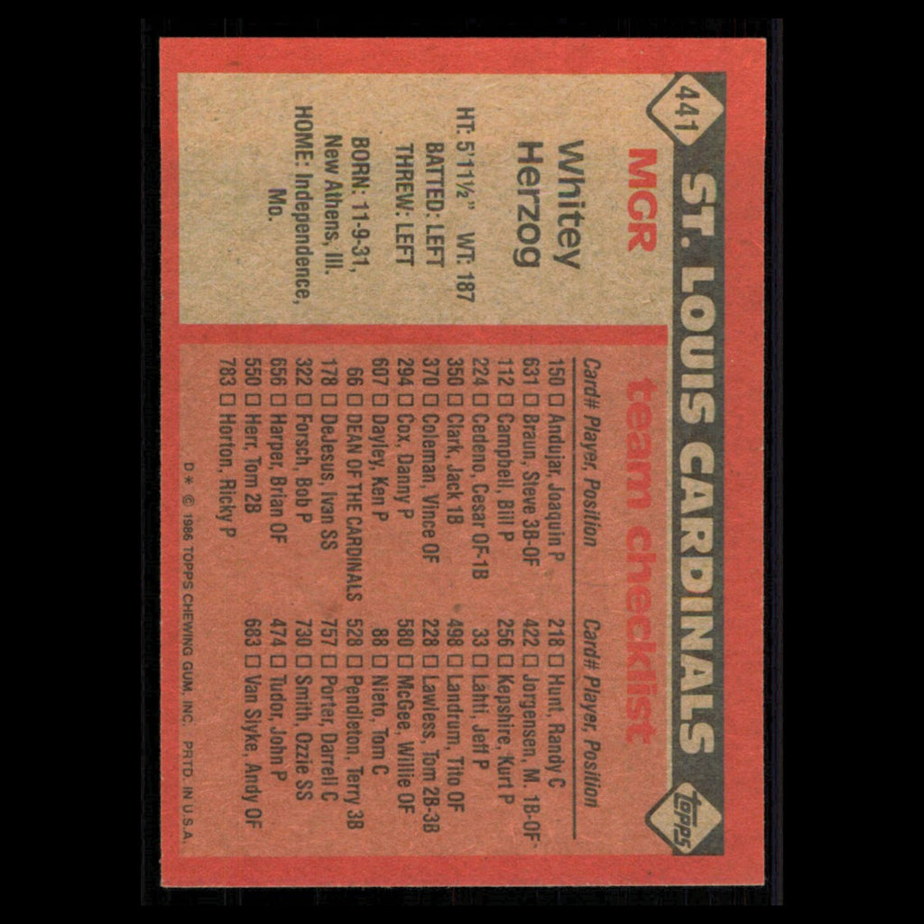 Whitey Herzog #441 1986 Topps St. Louis Cardinals Baseball Card MLB NM