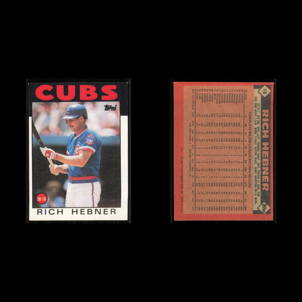 Richie Hebner #19 1986 Topps Chicago Cubs Baseball Card MLB NM