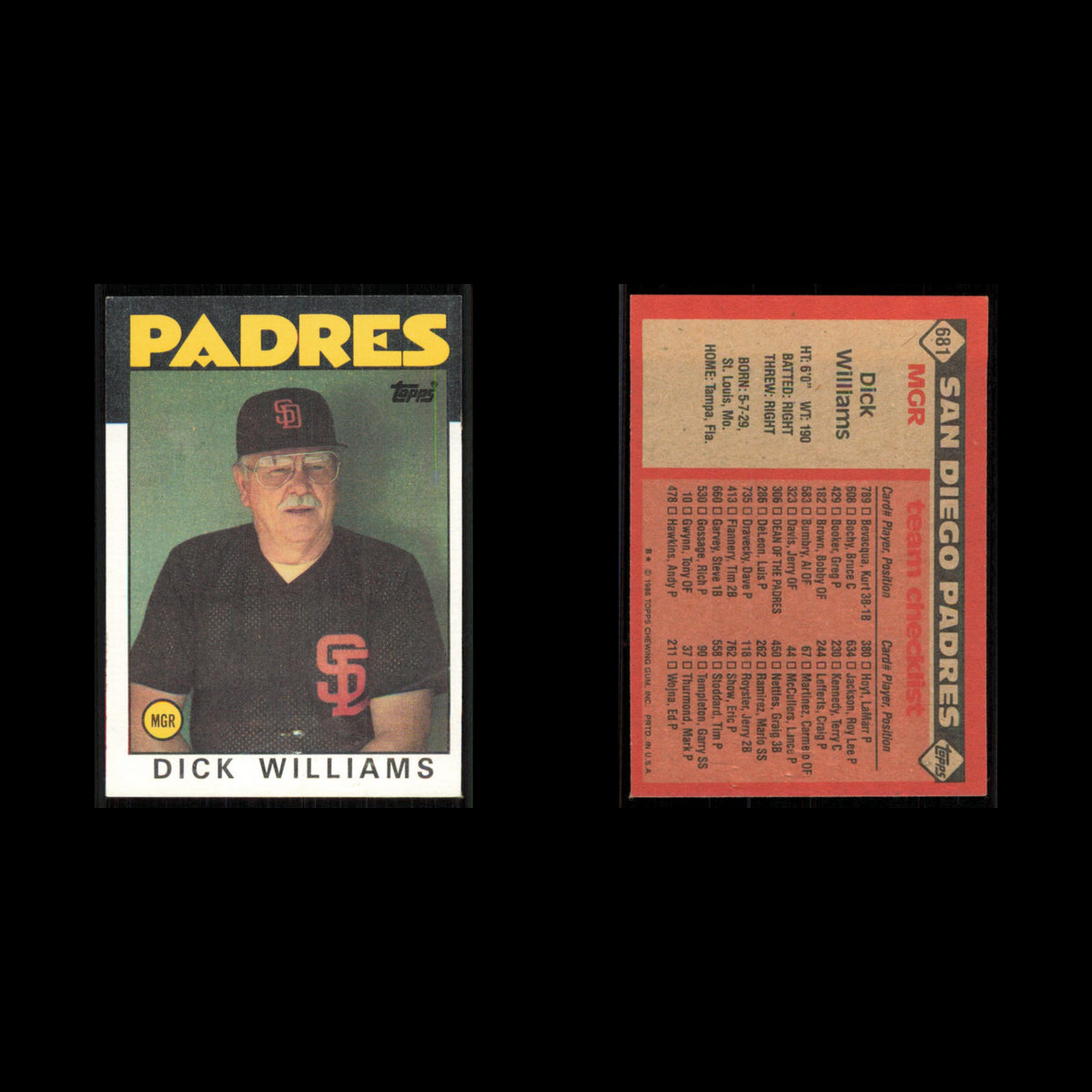 Dick Williams #681 1986 Topps San Diego Padres Baseball Card MLB NM