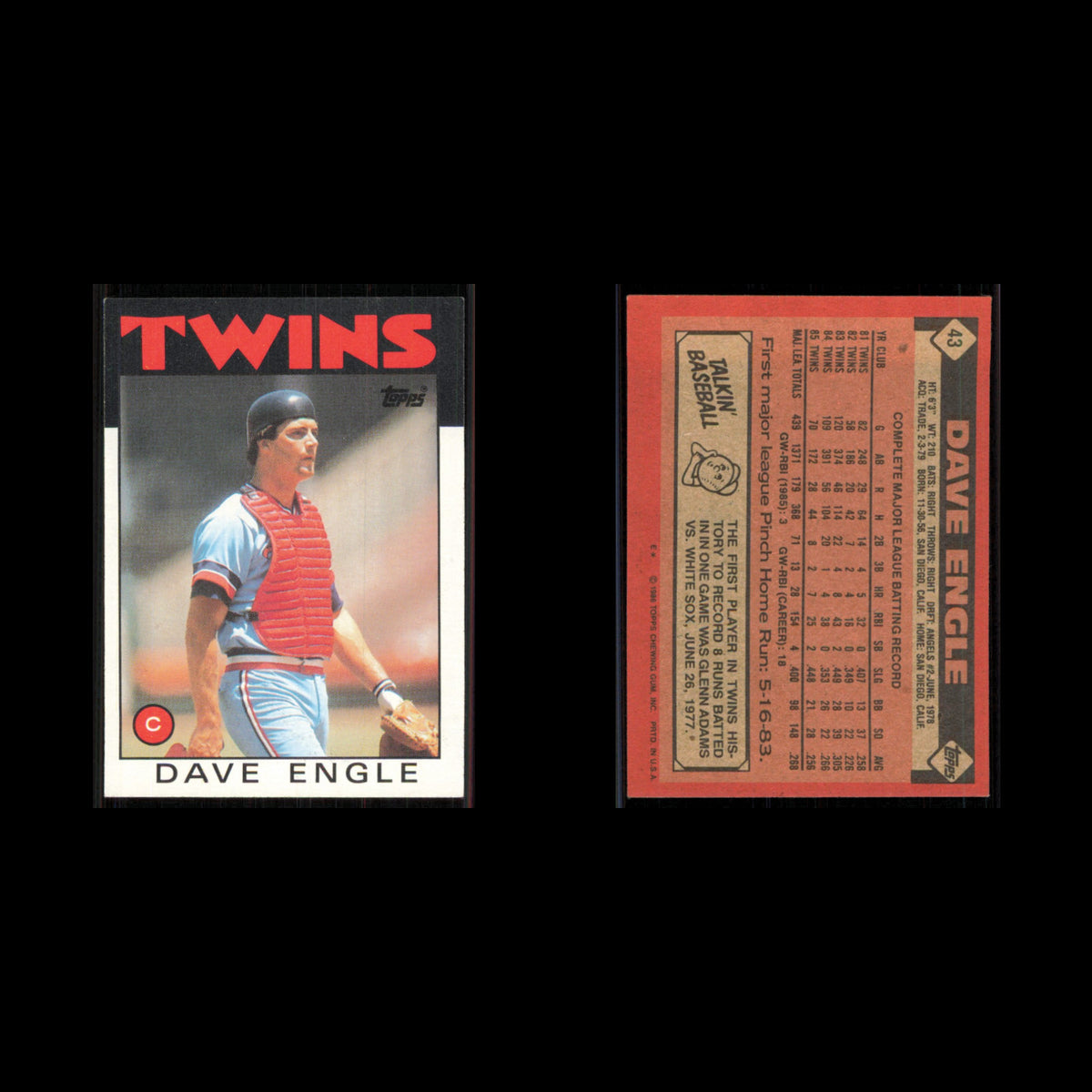 Dave Engle #43 1986 Topps Minnesota Twins Baseball Card MLB NM