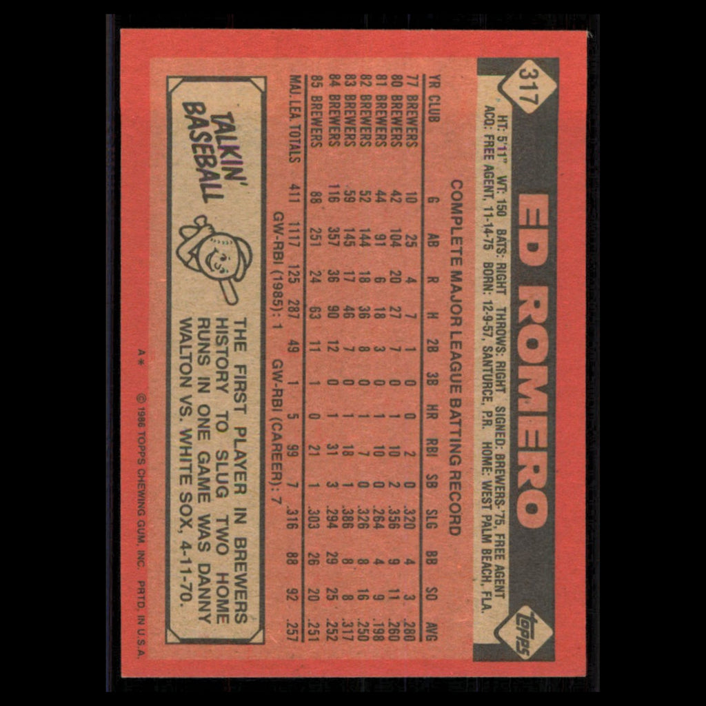Ed Romero #317 1986 Topps Milwaukee Brewers Baseball Card MLB NM