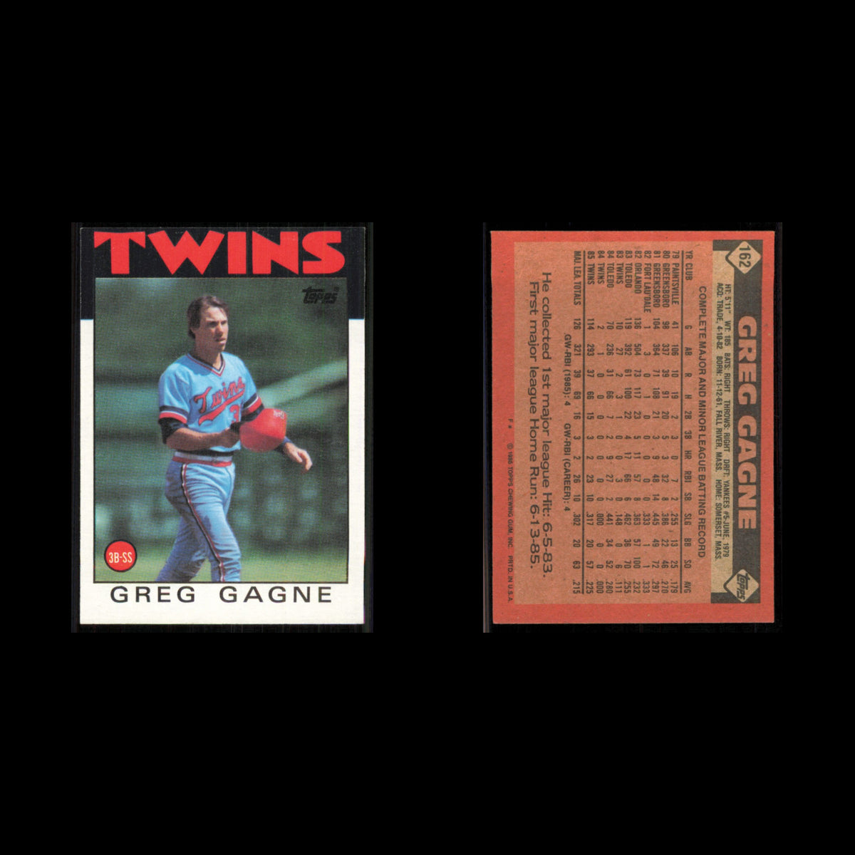 Greg Gagne #162 1986 Topps Minnesota Twins Baseball Card MLB NM