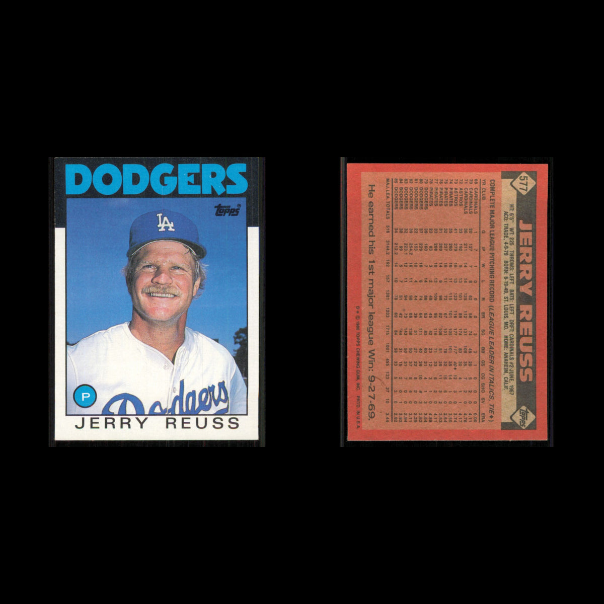 Jerry Reuss #577 1986 Topps Los Angeles Dodgers Baseball Card MLB NM