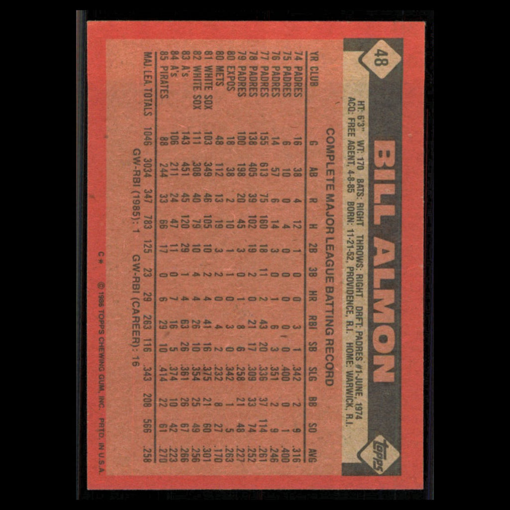Bill Almon #48 1986 Topps Pittsburgh Pirates Baseball Card MLB NM