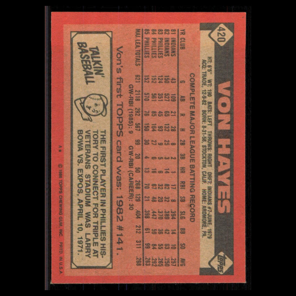 Von Hayes #420 1986 Topps Philadelphia Phillies Baseball Card MLB NM