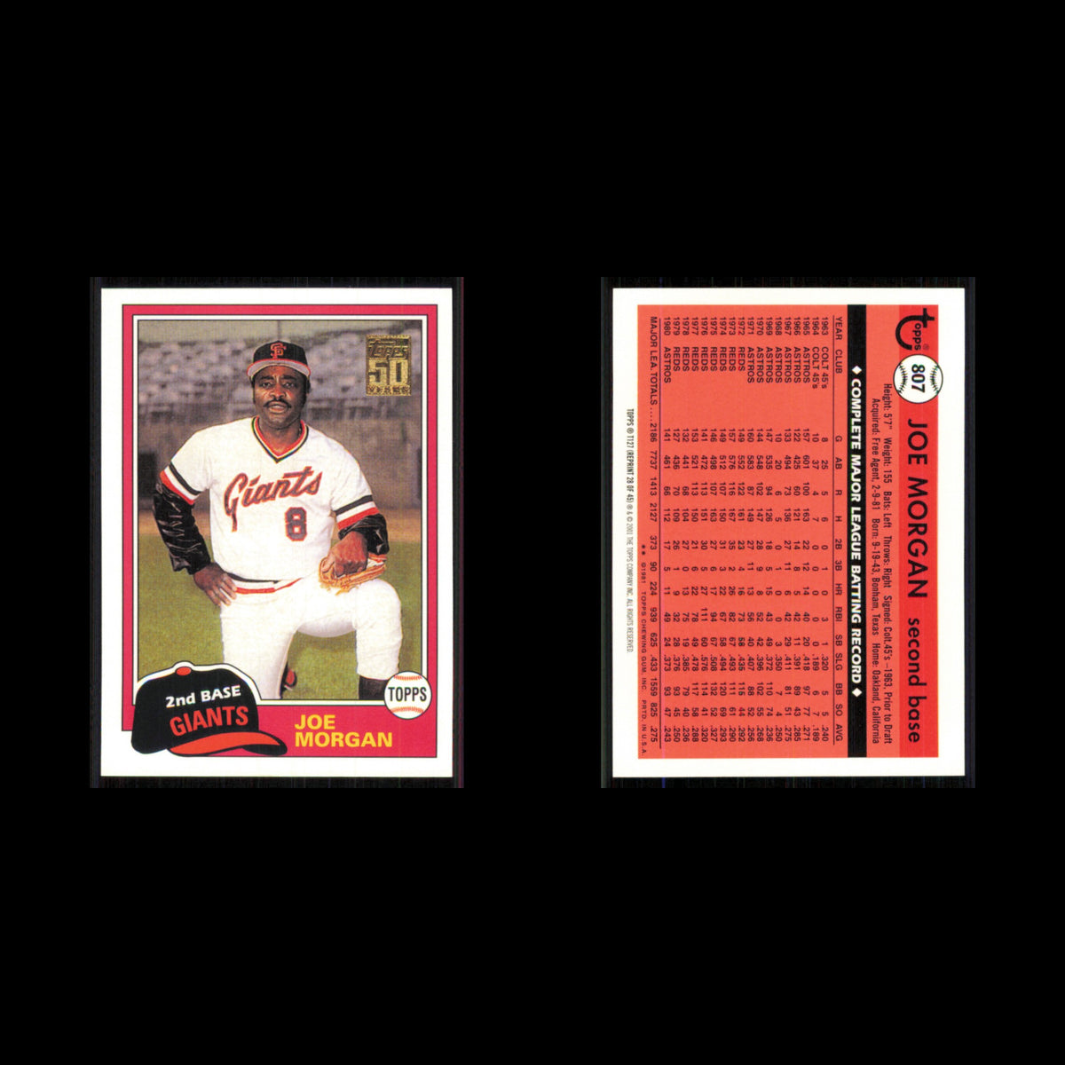 Joe Morgan #807 2001 Topps San Francisco Giants Baseball Card MLB NM
