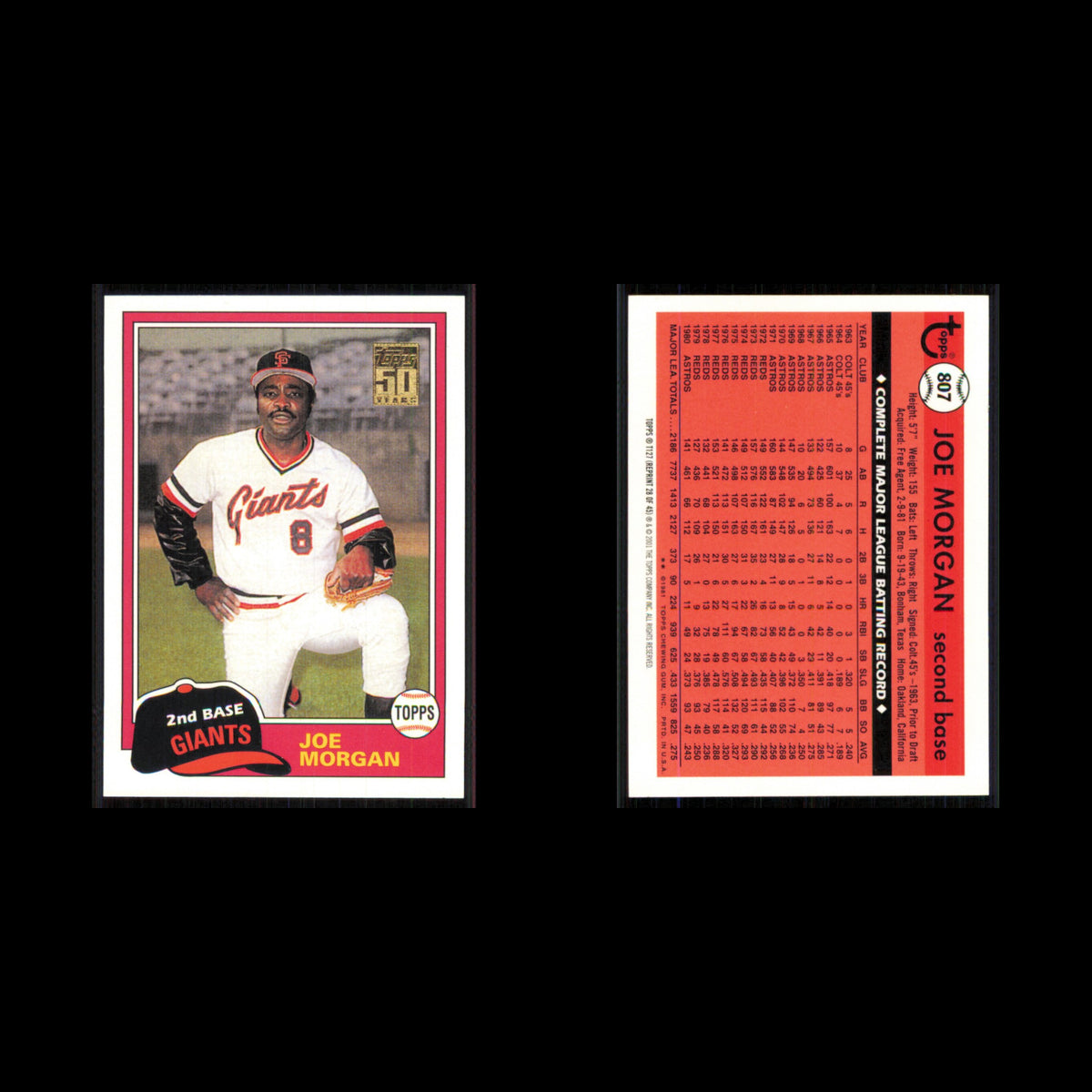 Joe Morgan #807 2001 Topps San Francisco Giants Baseball Card MLB NM
