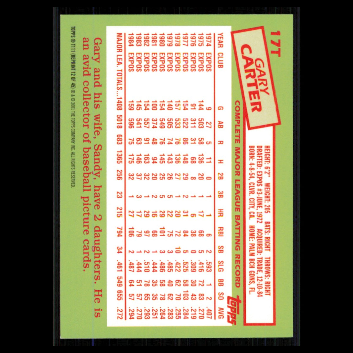 Gary Carter #17T 2001 Topps New York Mets Baseball Card MLB NM