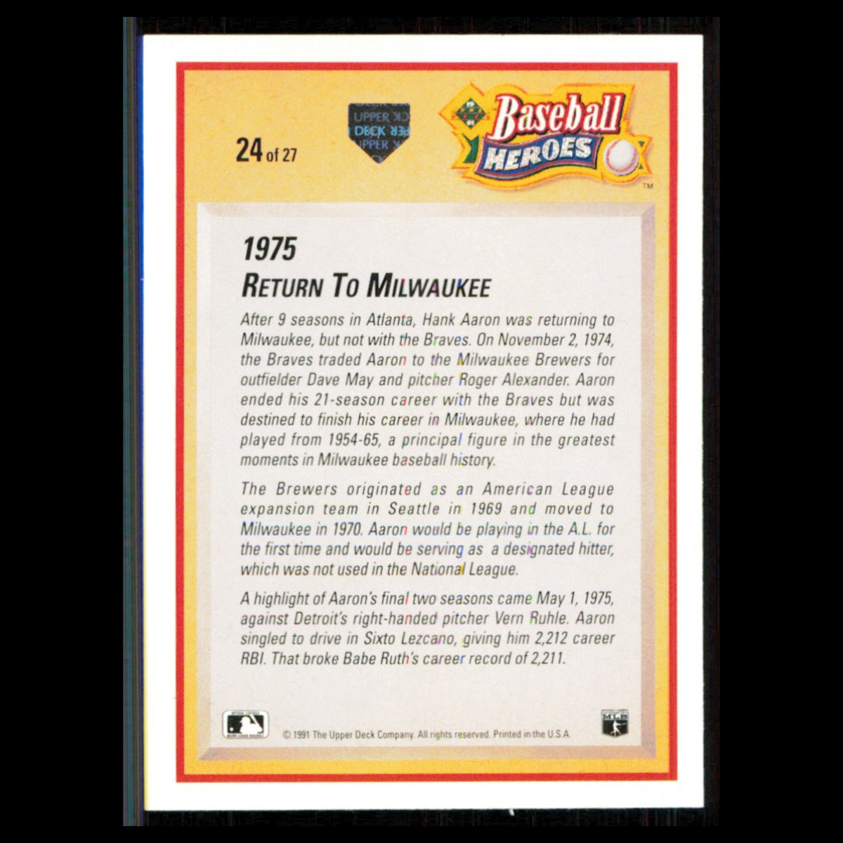 Hank Aaron #24 1991 Upper Deck Milwaukee Brewers Baseball Card MLB NM