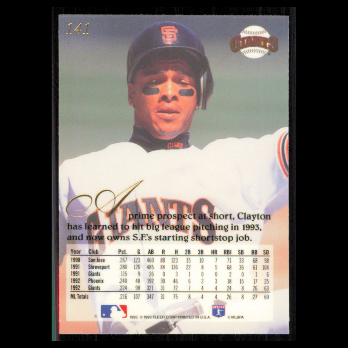 Royce Clayton #141 1993 Flair San Francisco Giants Baseball Card MLB NM