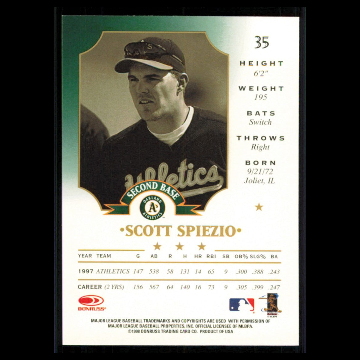 Scott Spiezio #35 1998 Leaf Oakland Athletics Baseball Card MLB NM