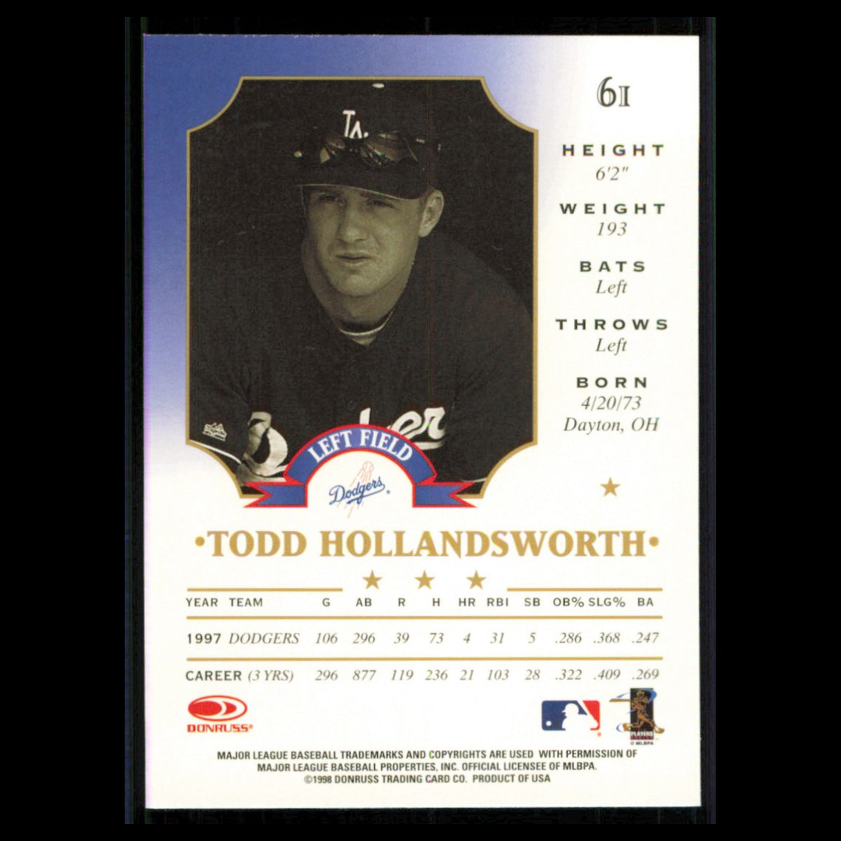 Todd Hollandsworth #61 1998 Leaf Los Angeles Dodgers Baseball Card MLB NM