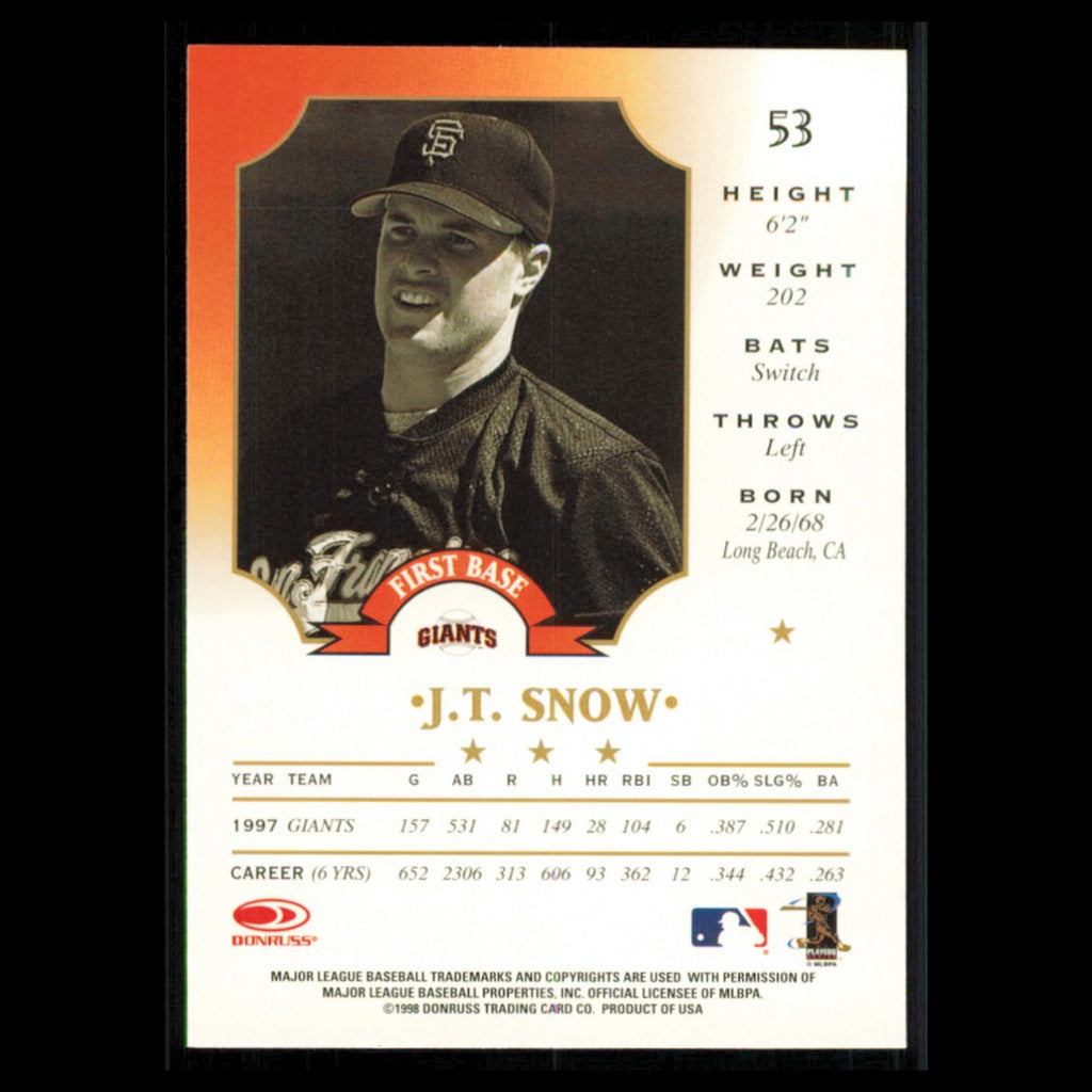 J.T. Snow #53 1998 Leaf San Francisco Giants Baseball Card MLB NM