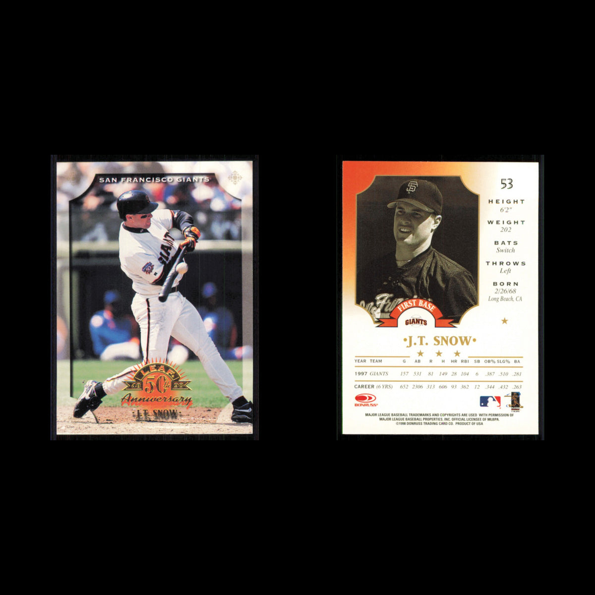 J.T. Snow #53 1998 Leaf San Francisco Giants Baseball Card MLB NM
