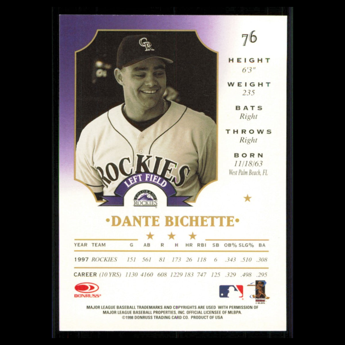 Dante Bichette #76 1998 Leaf Colorado Rockies Baseball Card MLB NM