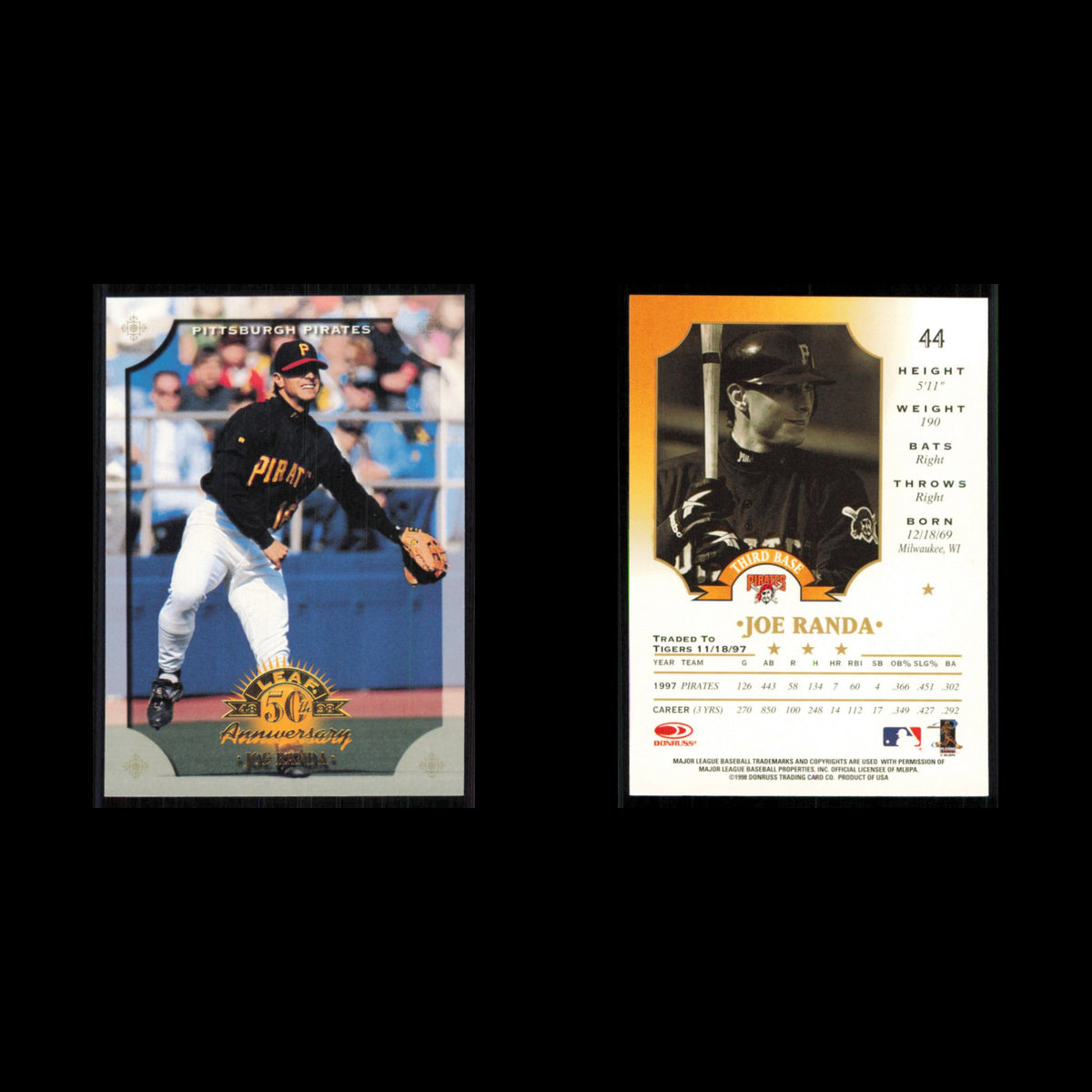 Joe Randa #44 1998 Leaf Pittsburgh Pirates Baseball Card MLB NM