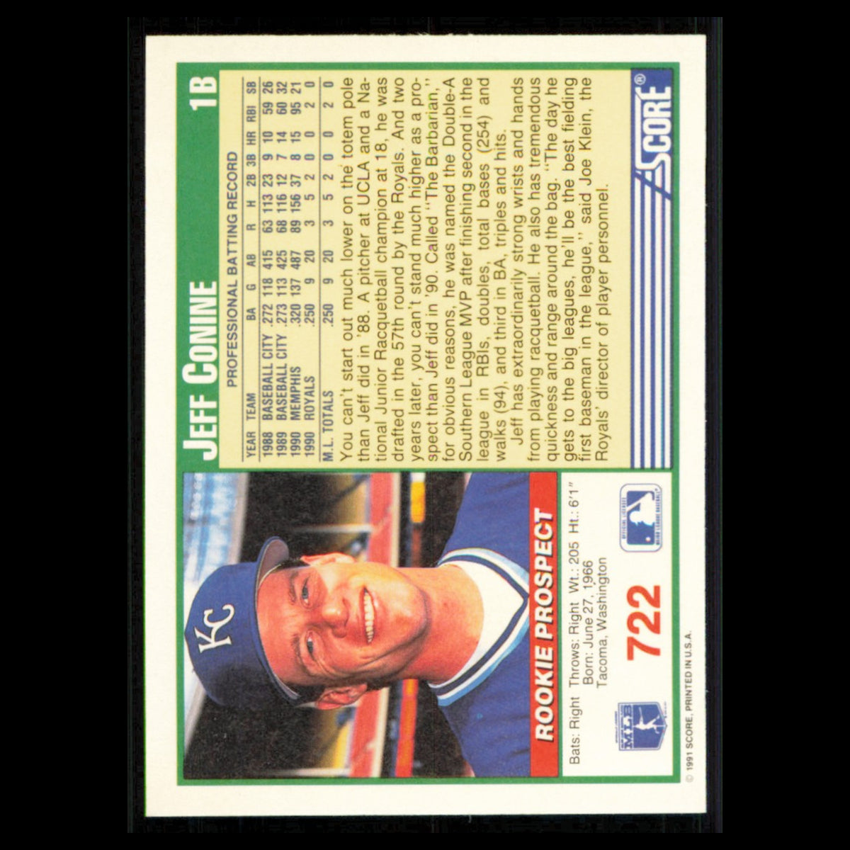 Jeff Conine Rookie #722 1991 Score Kansas City Royals Baseball Card MLB NM