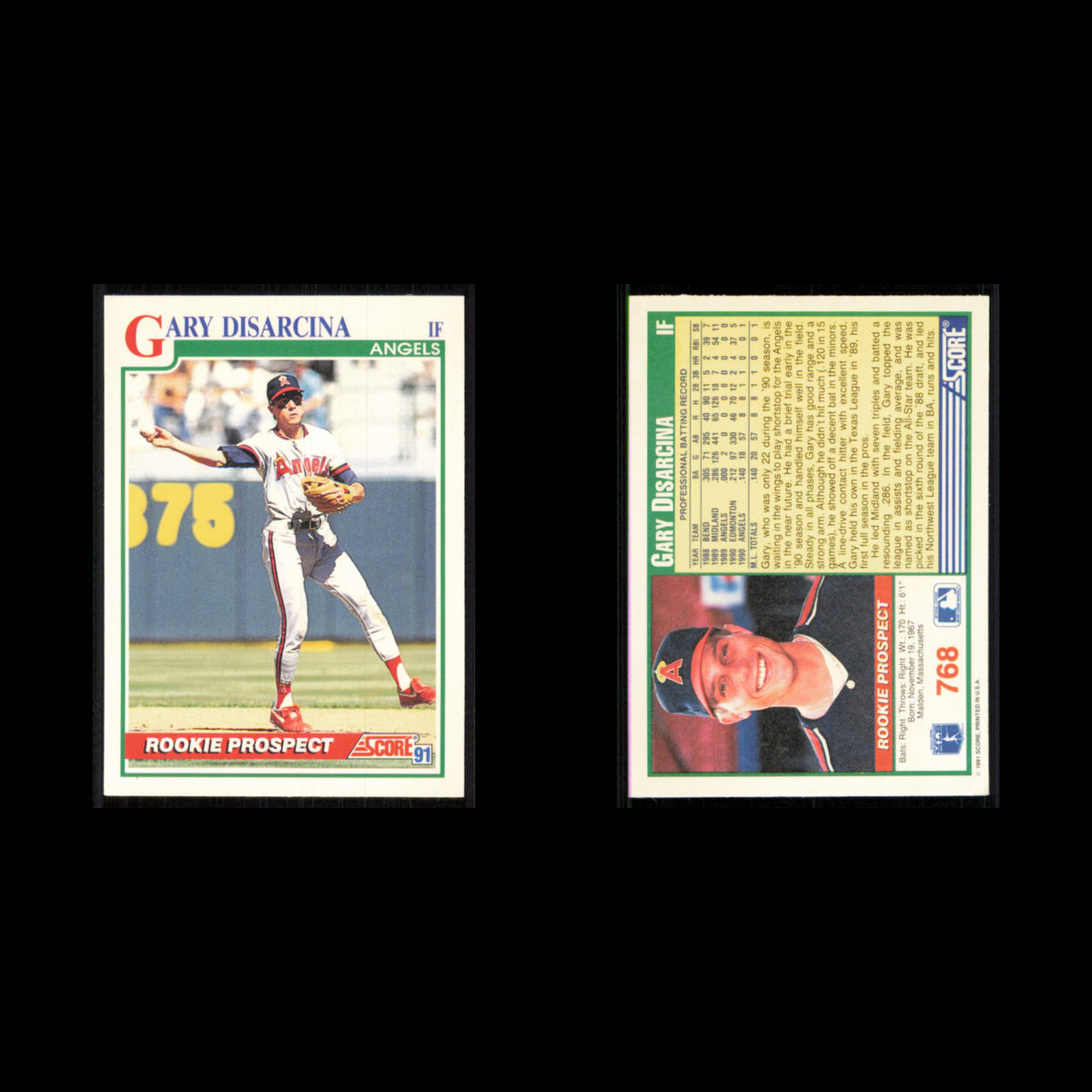 Gary DiSarcina Rookie #768 1991 Score California Angels Baseball Card MLB NM