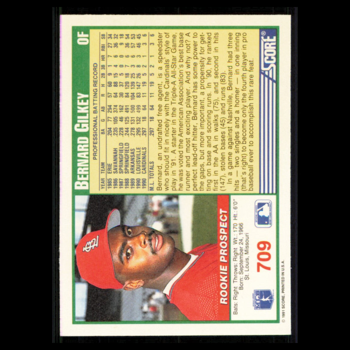 Bernard Gilkey Rookie #709 1991 Score St. Louis Cardinals Baseball Card MLB NM