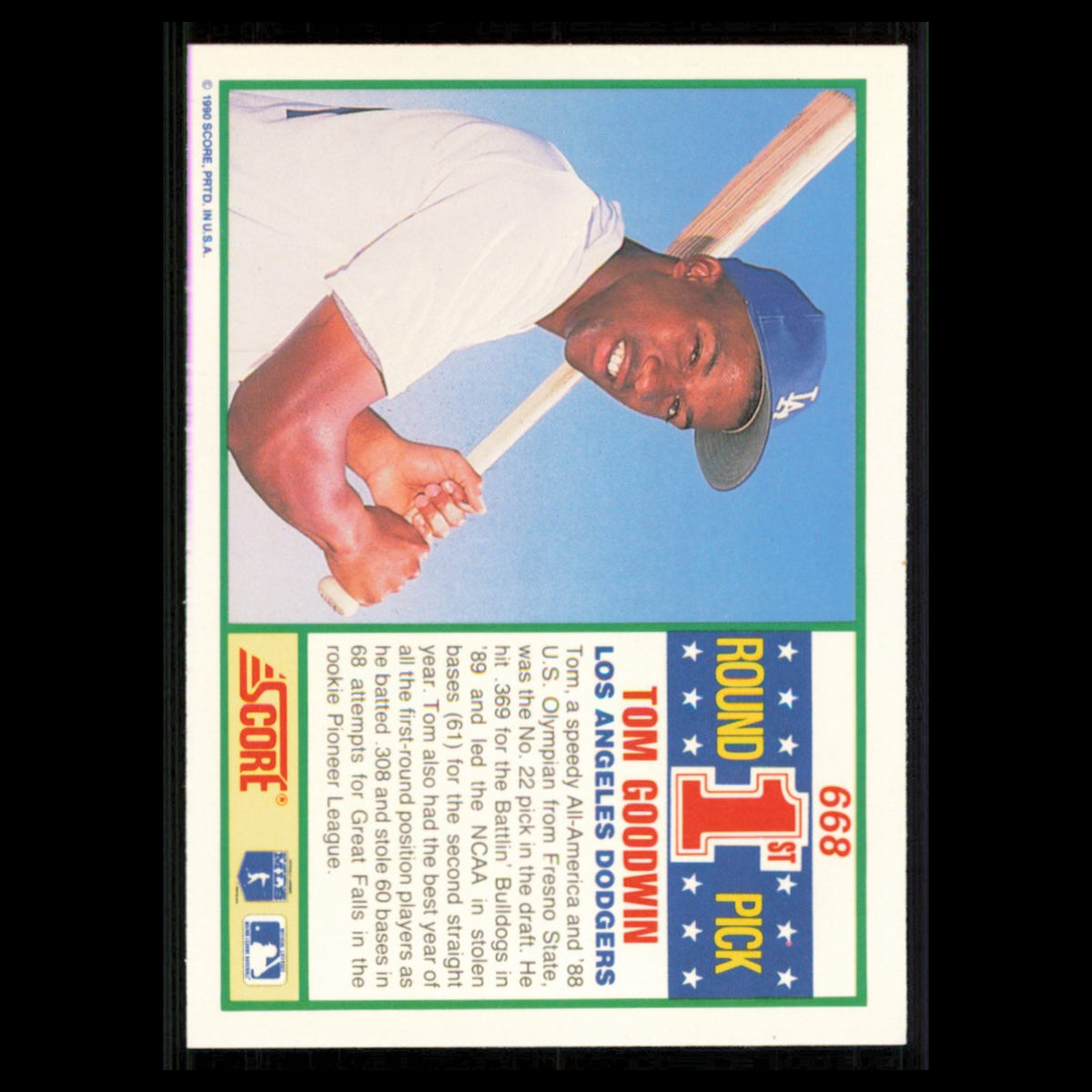 Tom Goodwin Rookie #668 1990 Score Los Angeles Dodgers Baseball Card MLB NM