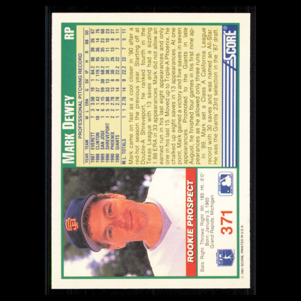 Mark Dewey Rookie #371 1991 Score San Francisco Giants Baseball Card MLB NM