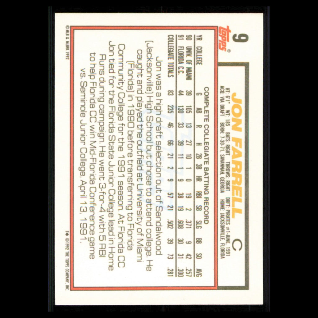 Jon Farrell Rookie #9 1992 Topps Baseball Card MLB NM