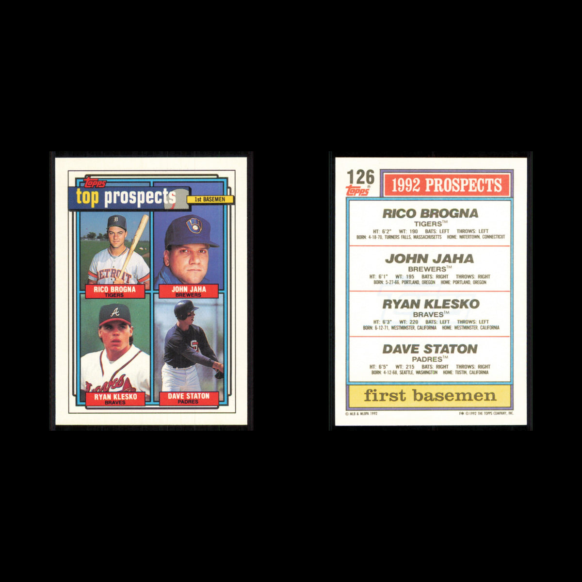 Rico Brogna/John Jaha/Ryan Klesko/Dave Staton Rookie #126 1992 Topps Baseball NM