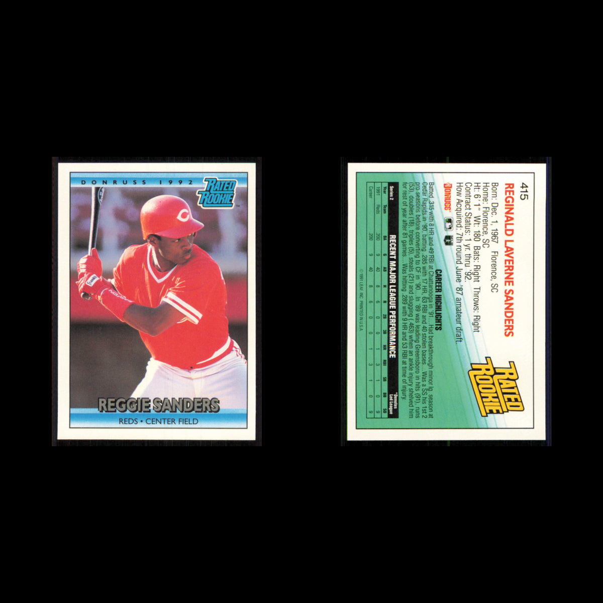 Reggie Sanders Rookie #415 1992 Donruss Cincinnati Reds Baseball Card MLB NM