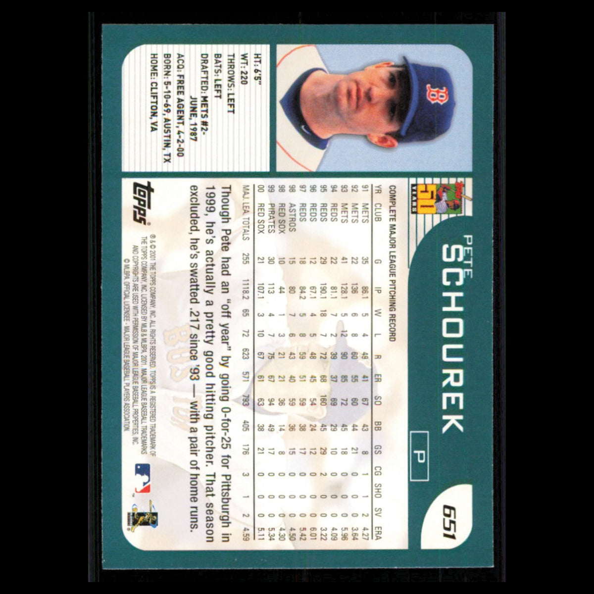 Pete Schourek #651 2001 Topps Boston Red Sox Baseball Card MLB NM