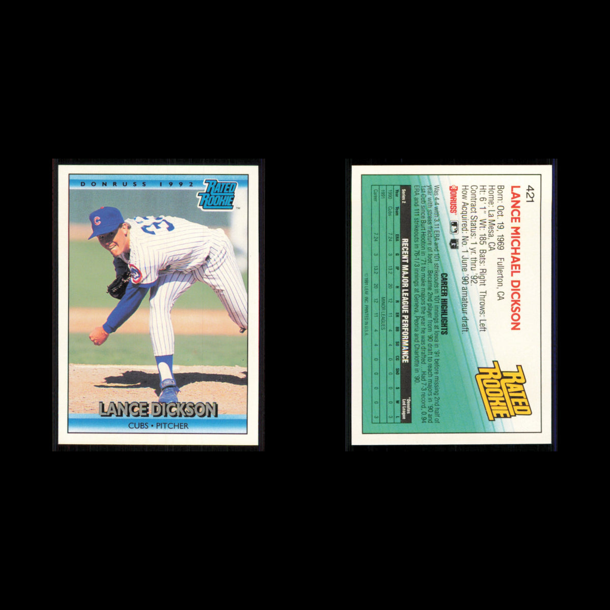 Lance Dickson Rookie #421 1992 Donruss Chicago Cubs Baseball Card MLB NM