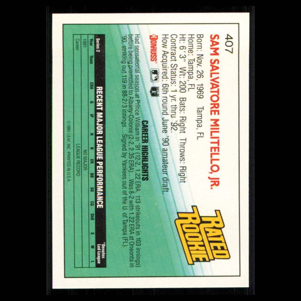 Sam Militello Rookie #407 1992 Donruss New York Yankees Baseball Card MLB NM