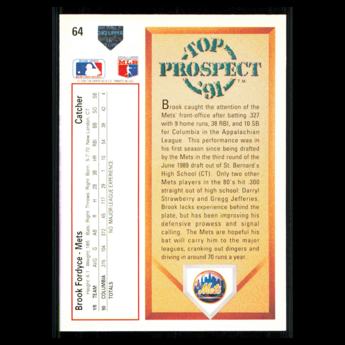 Brook Fordyce Rookie #64 1991 Upper Deck New York Mets Baseball Card MLB NM
