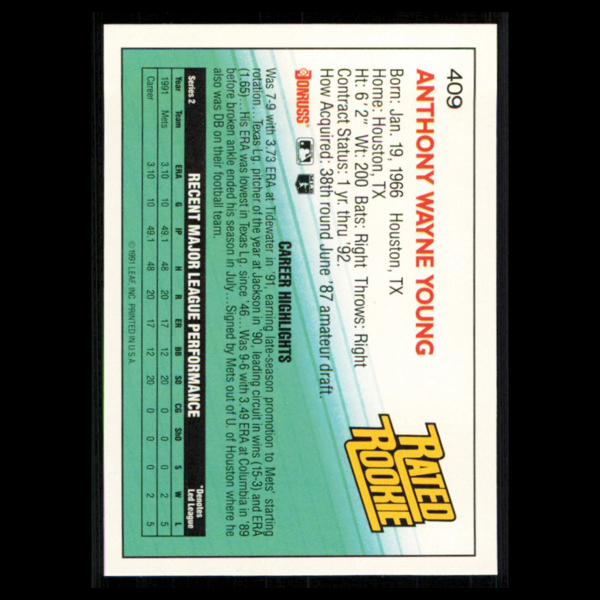 Anthony Young Rookie #409 1992 Donruss New York Mets Baseball Card MLB NM