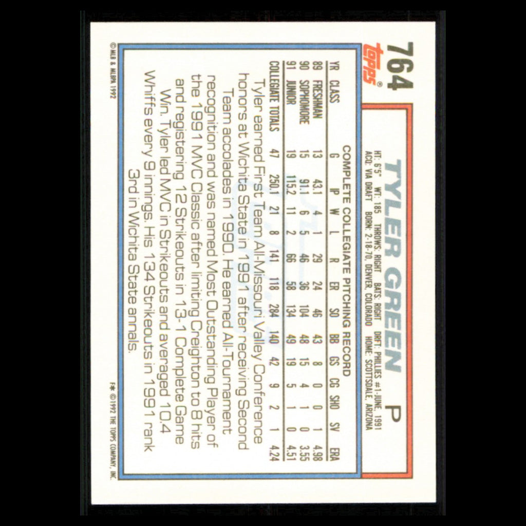 Tyler Green Rookie #764 1992 Topps Philadelphia Phillies Baseball Card MLB NM