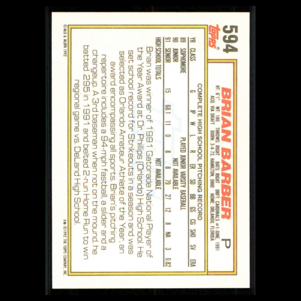 Brian Barber Rookie #594 1992 Topps St. Louis Cardinals Baseball Card MLB NM