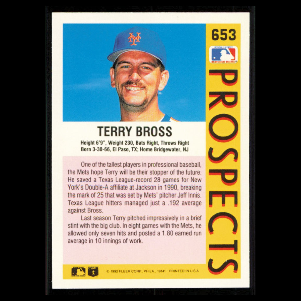 Terry Bross Rookie #653 1992 Fleer New York Mets Baseball Card MLB NM