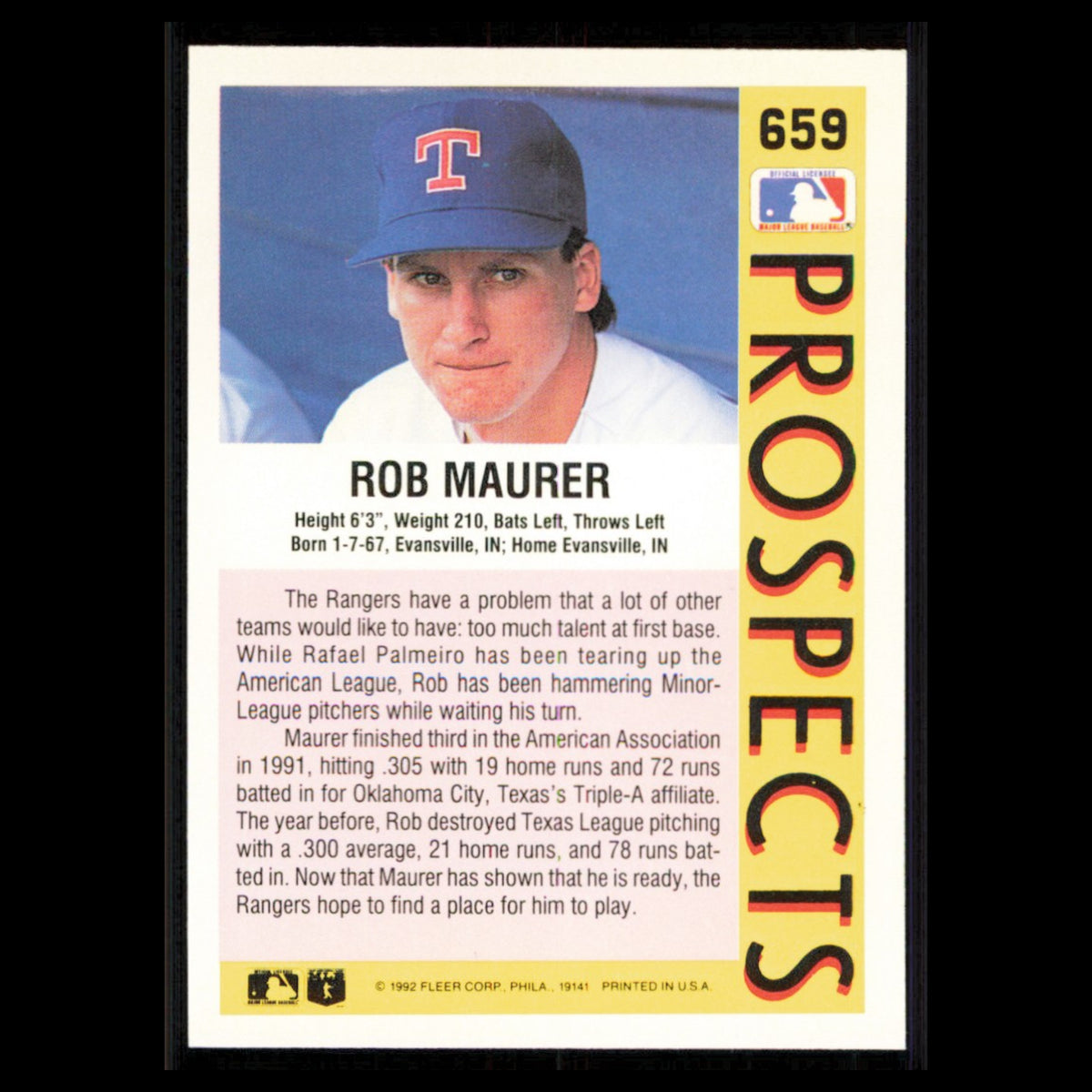 Rob Maurer Rookie #659 1992 Fleer Texas Rangers Baseball Card MLB NM