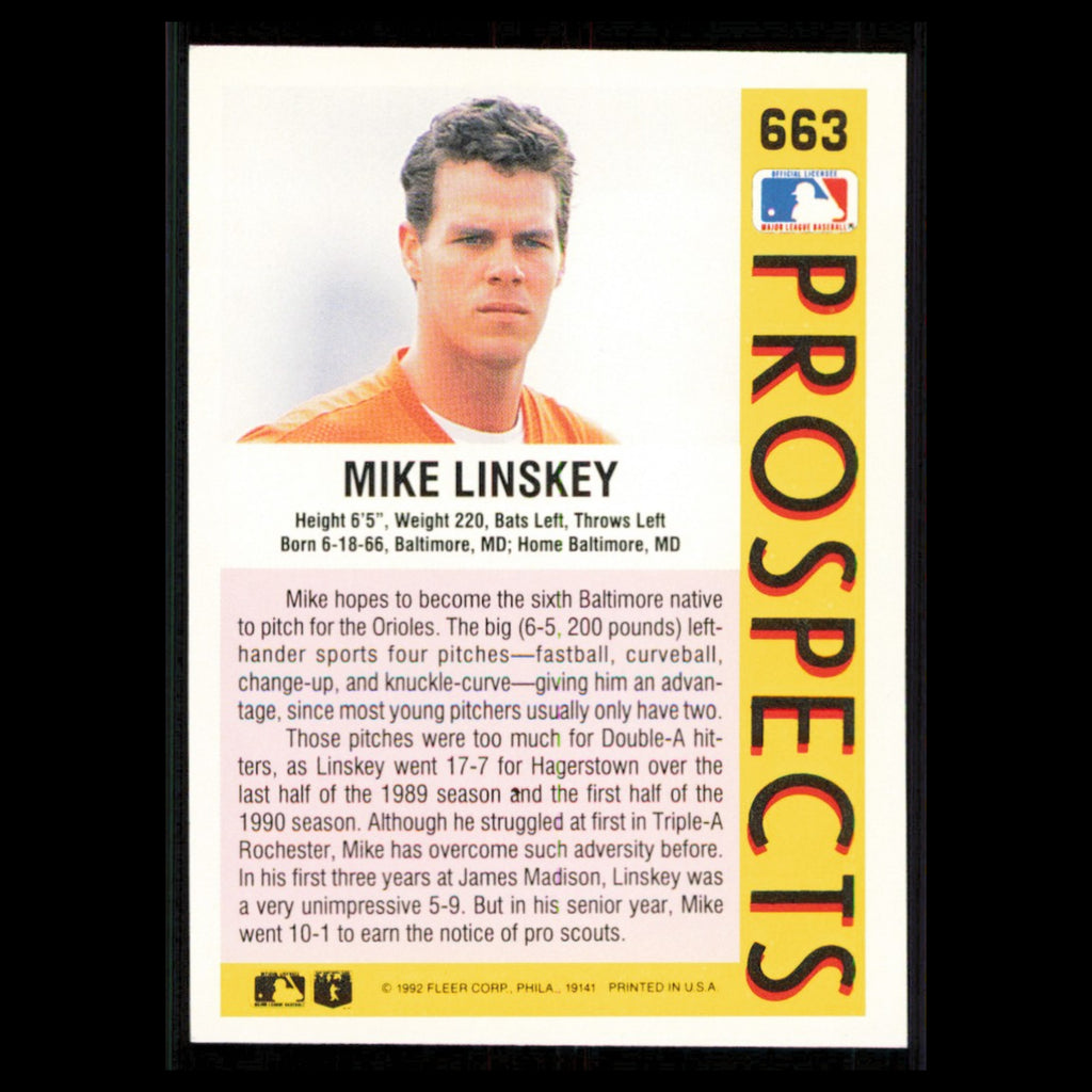 Mike Linskey Rookie #663 1992 Fleer Baltimore Orioles Baseball Card MLB NM