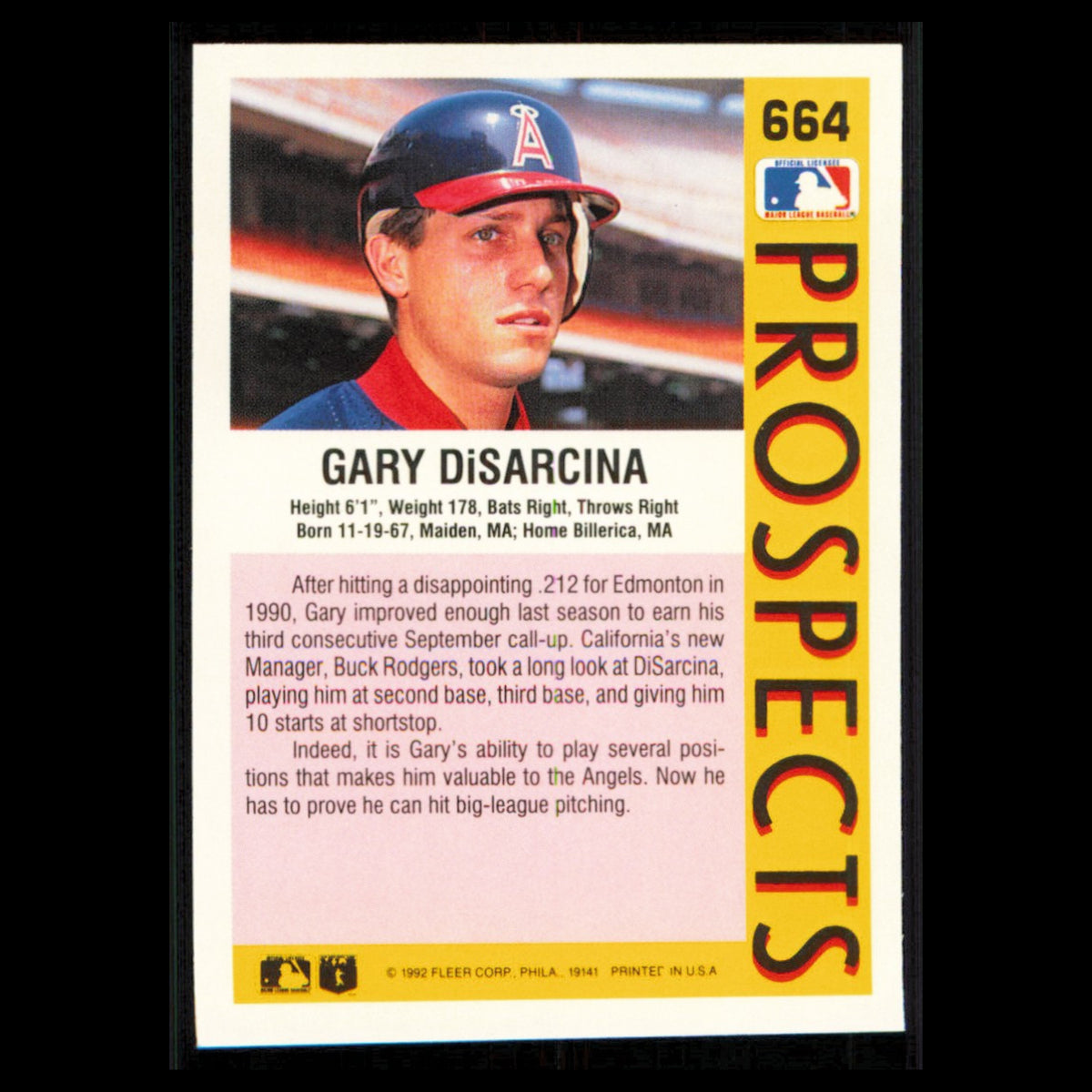 Gary DiSarcina Rookie #664 1992 Fleer California Angels Baseball Card MLB NM